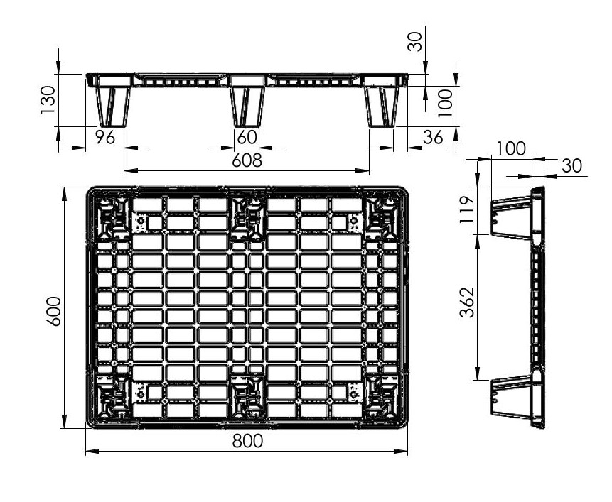 Kunststoffpaletten 800 mm x 600 mm x 130 mm (L x B x H)