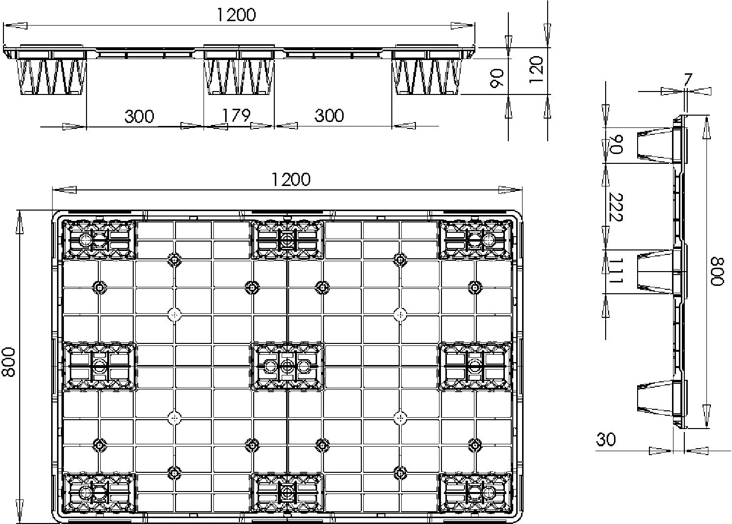 Kunststoffpaletten 1200 mm x 800 mm x 120 mm (L x B x H)